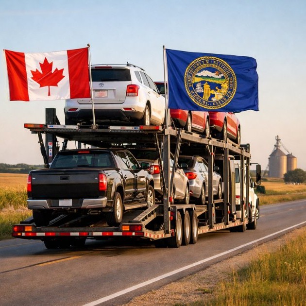 Open transport truck with Canadian flag and Nebraska state flag.