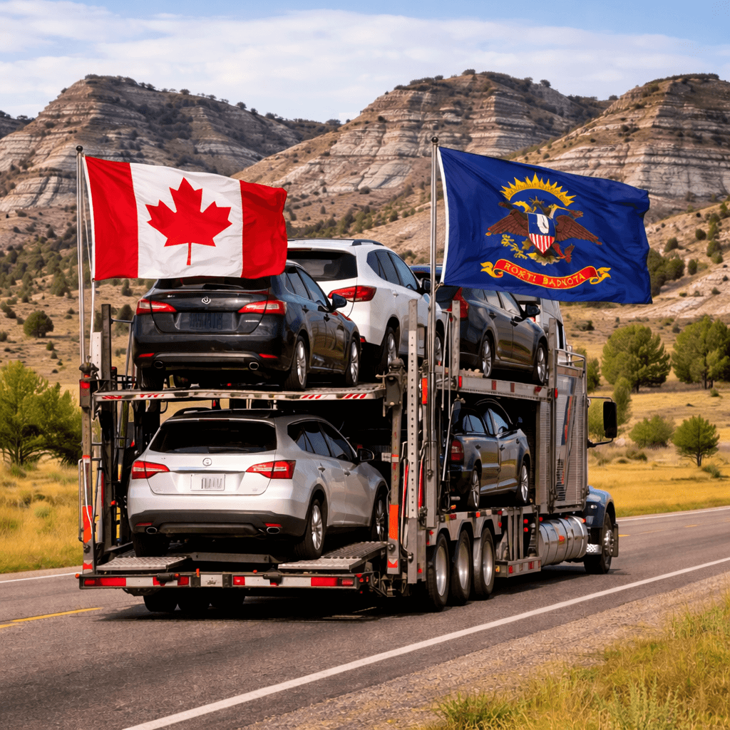 Open transport truck with Canadian flag and North Dakota state flag.