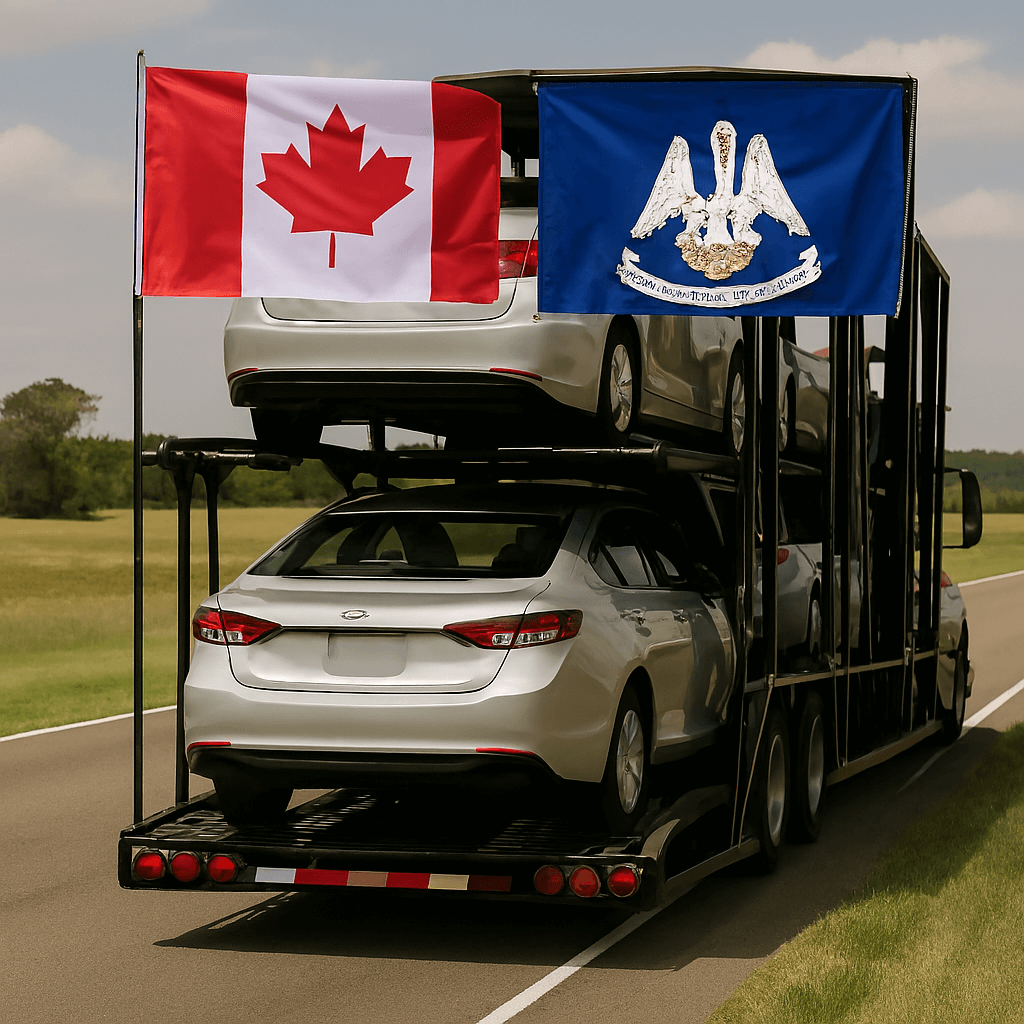 Open transport truck with Canadian flag and Louisiana state flag.