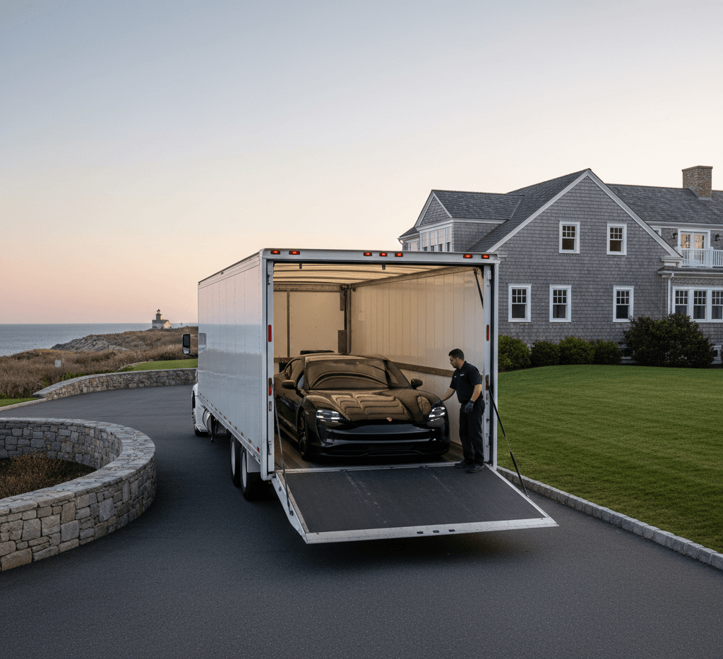Enclose auto transport truck shipping vehicles between Rhode Island and Canada