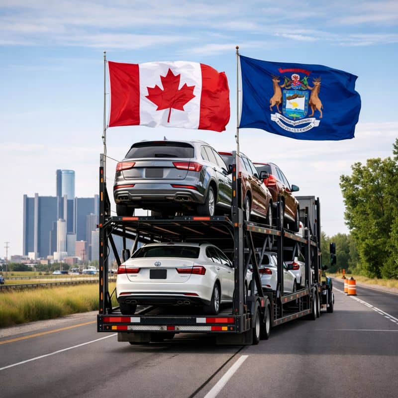 Open auto transport truck carrying vehicles along a Michigan highway with Canadian and Michigan flags in the sky near Detroit