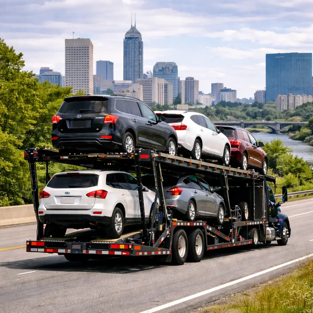 Open auto transport truck shipping vehicles between Indiana and Canada
