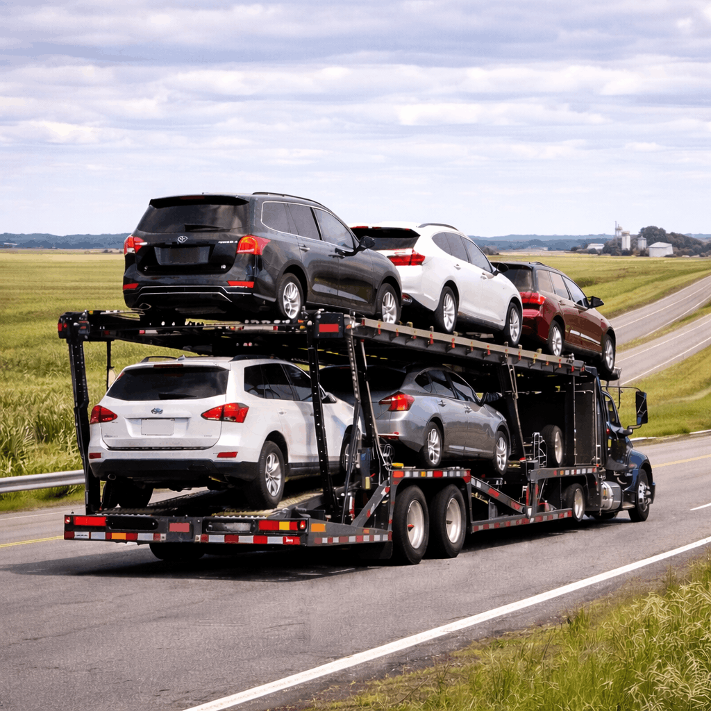 Open auto transport truck shipping vehicles between Kansas and Canada