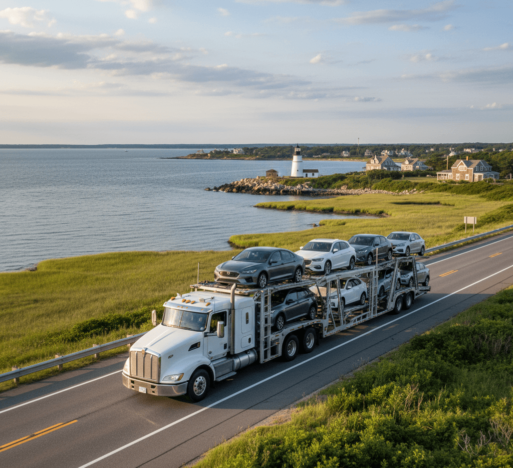 Open auto transport truck shipping vehicles between Rhode Island and Canada