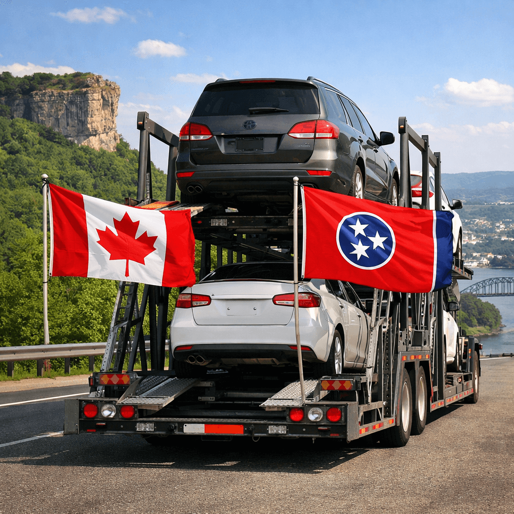 Open transport truck with Canadian flag and Tennessee state flag.