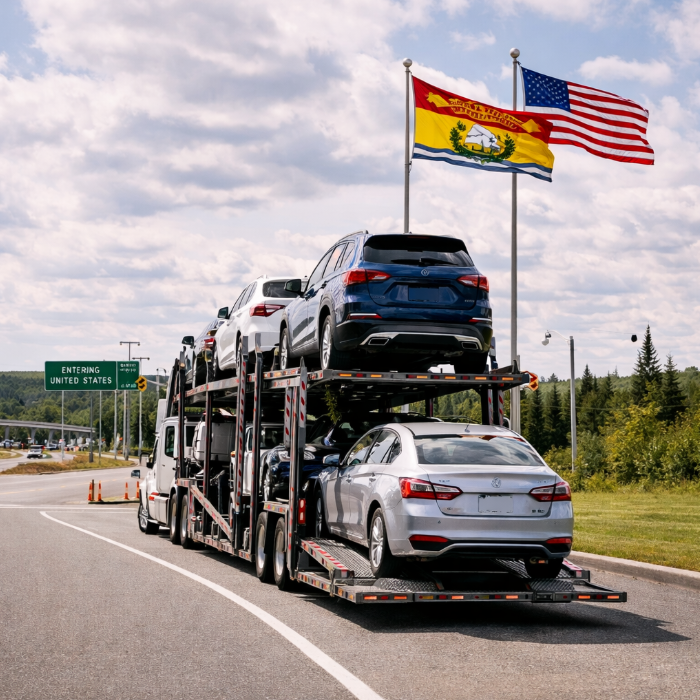 Open auto transport truck carrying multiple vehicles at the New Brunswick–United States border with provincial and U.S. flags visible
