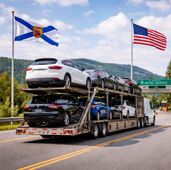 Nova Scotia to United States Open Auto Transport at Border Crossing Open auto transport truck carrying multiple vehicles near Nova Scotia with Nova Scotia and U.S. flags visible at a border-adjacent highway