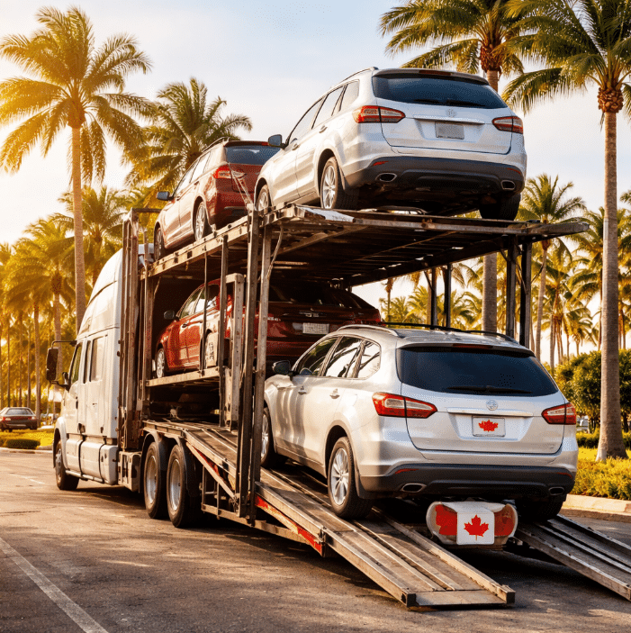 Snowbird car shipping carrier transporting vehicles from Canada to warm southern U.S. destinations during winter migration season.