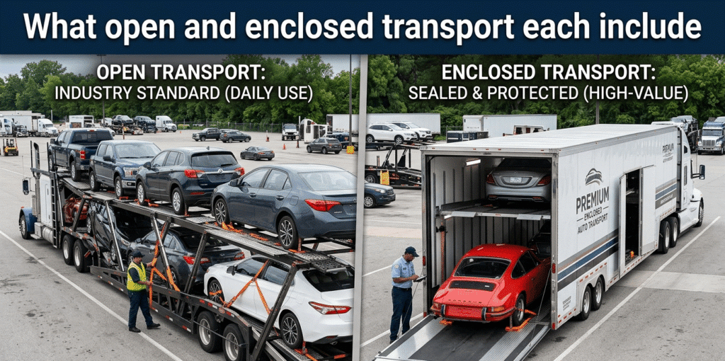 What open and enclosed transport each include