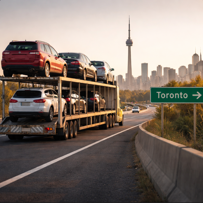Car carrier transporting vehicles from the USA to Toronto Canada with CN Tower skyline in background