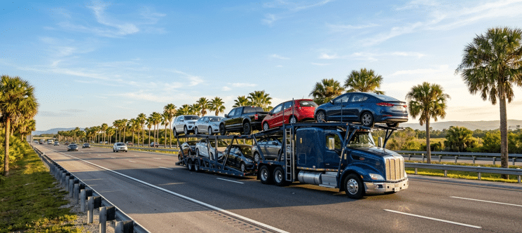 Auto transport carrier shipping snowbird vehicles between Canada and warm US destinations